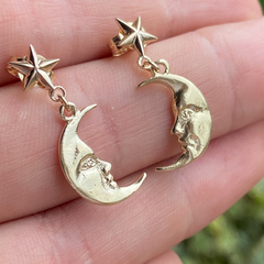 Solid Gold Star Studs with Dangling La Luna Moon