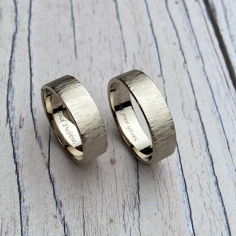 Grey gold silk texture wedding rings