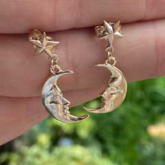 Solid Gold Star Studs with Dangling La Luna Moon