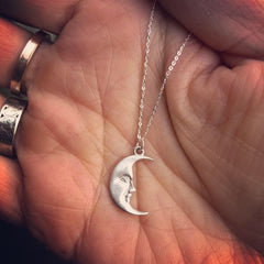 La Luna Moonface sterling silver necklace, black moon, blue moon, silver moon, moon pendant