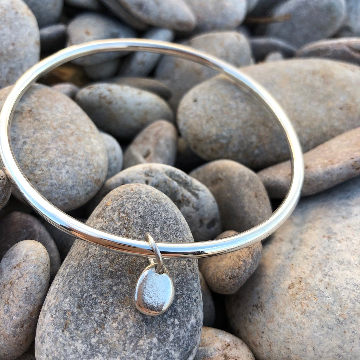 Solid Silver Bangle with Brixham Pebble Charm