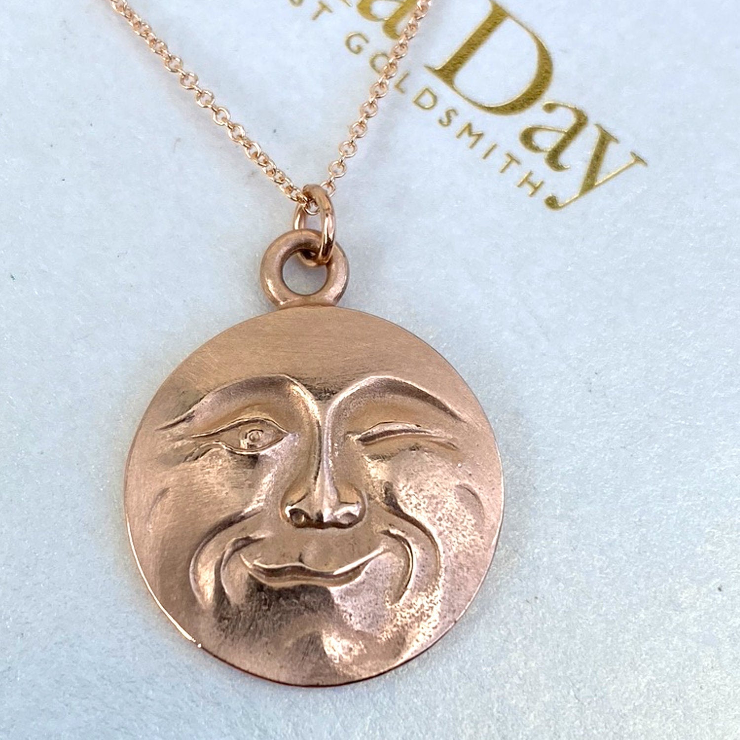 Solid gold man in the moon hand made necklace, La Luna charm